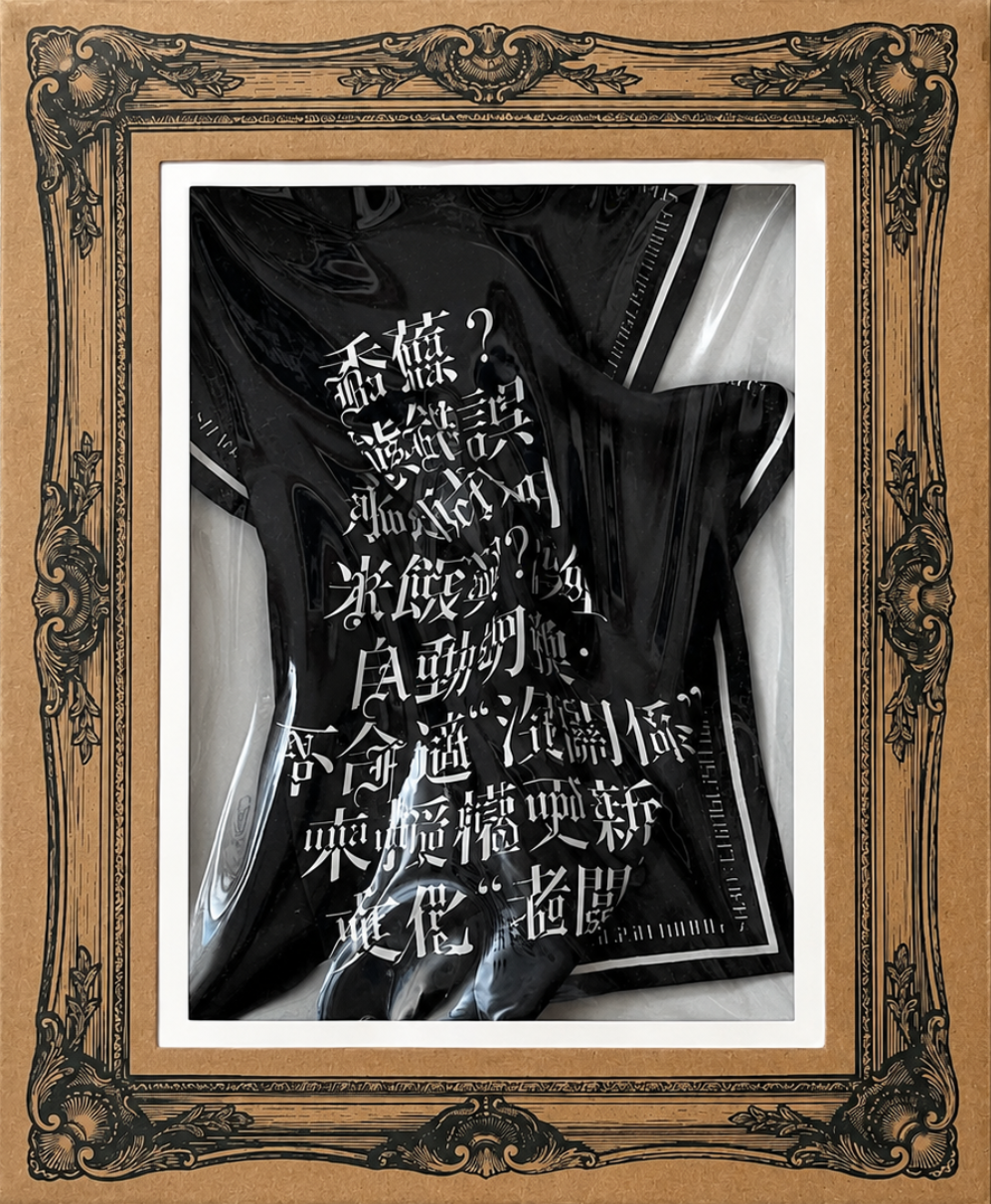 Ornate vintage-style frame surrounding a black folded fabric with white stylized Asian calligraphy characters printed across its surface, displayed against a neutral background.