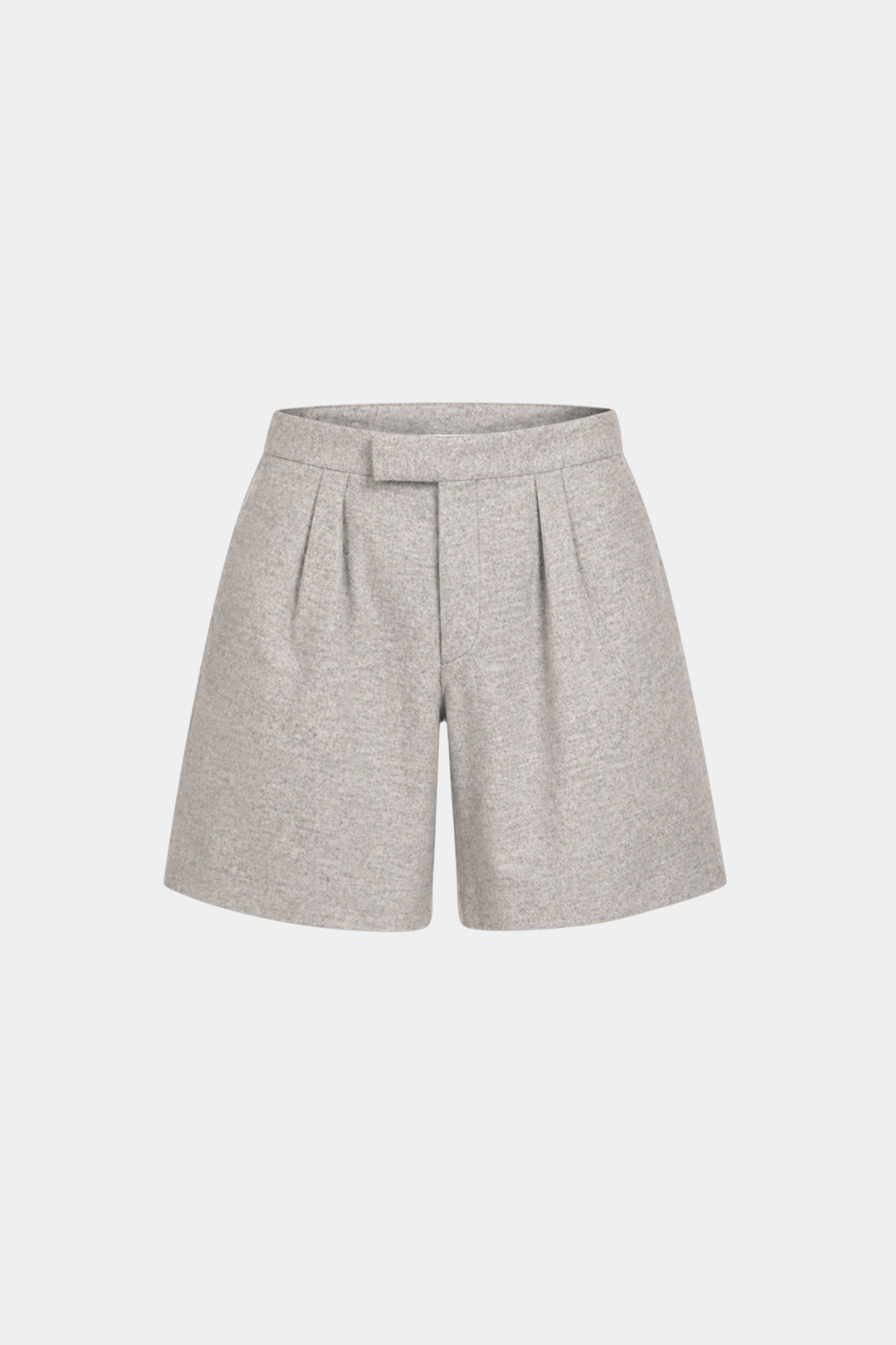Grey Wool Flannel Tailored Short featuring a high-waisted fit with crisp front pleats, crafted from soft wool flannel for a refined, structured look in luxury designer fashion.