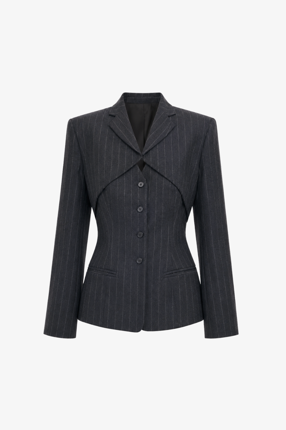 A dark gray pinstripe blazer with a unique asymmetrical button closure and structured shoulders, shown against a plain white background.