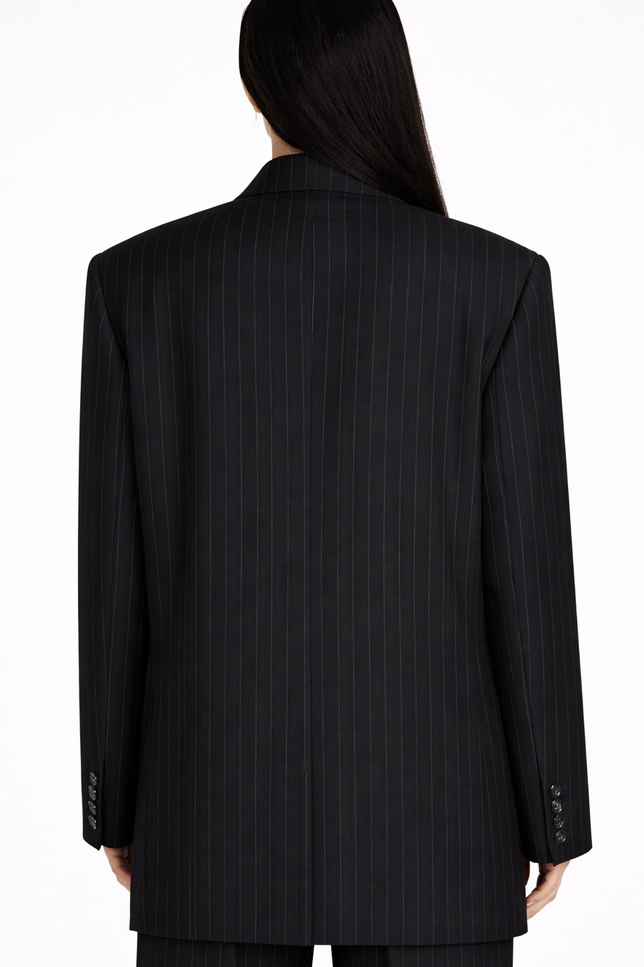 Black pinstripe suit jacket on a white background