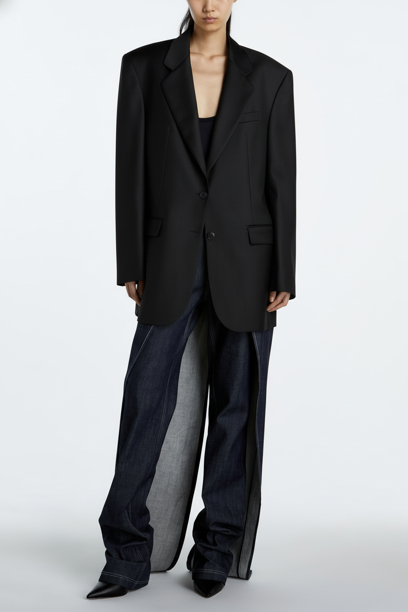 Model wearing Black Oversized Blazer – Architectural Boxy Silhouette with a sharp lapel, long sleeves, and elevated structured tailoring paired with wide-leg sculptural denim pants.