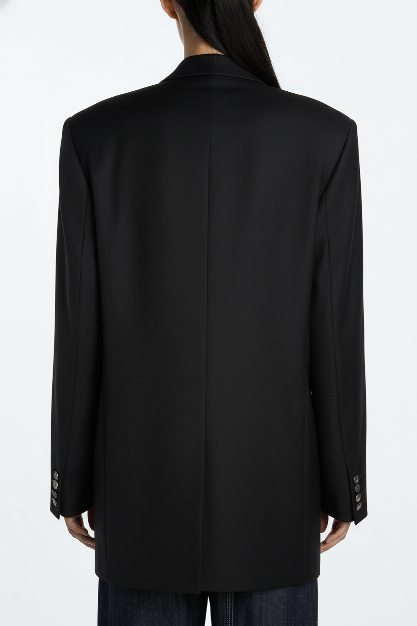 Back view of Black Oversized Blazer – Architectural Boxy Silhouette featuring sharp tailoring, structured shoulders, sleek long sleeves with buttoned cuffs, and a minimalist sculptural design.