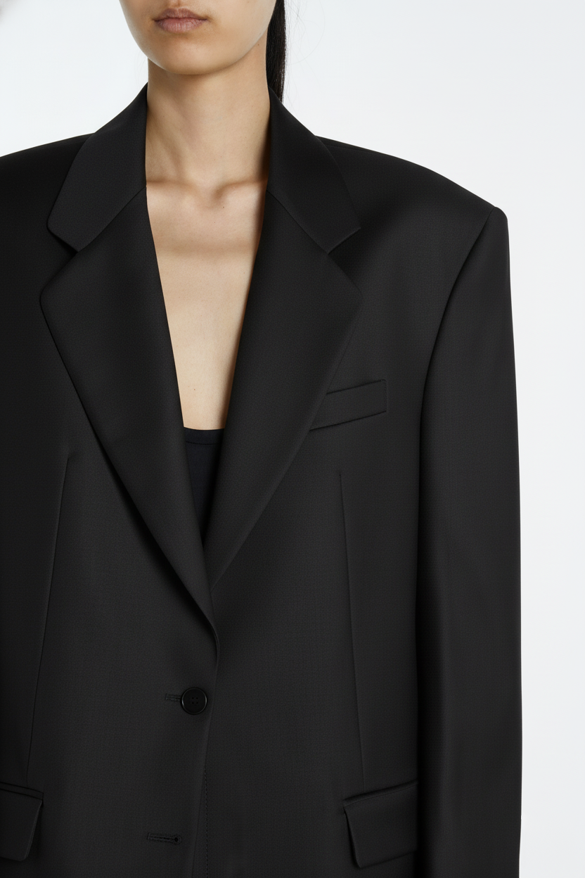 Close-up front view of Black Oversized Blazer – Architectural Boxy Silhouette featuring sharp lapels, single-button closure, and structured shoulders with a clean, minimal aesthetic in luxury bespoke tailoring.