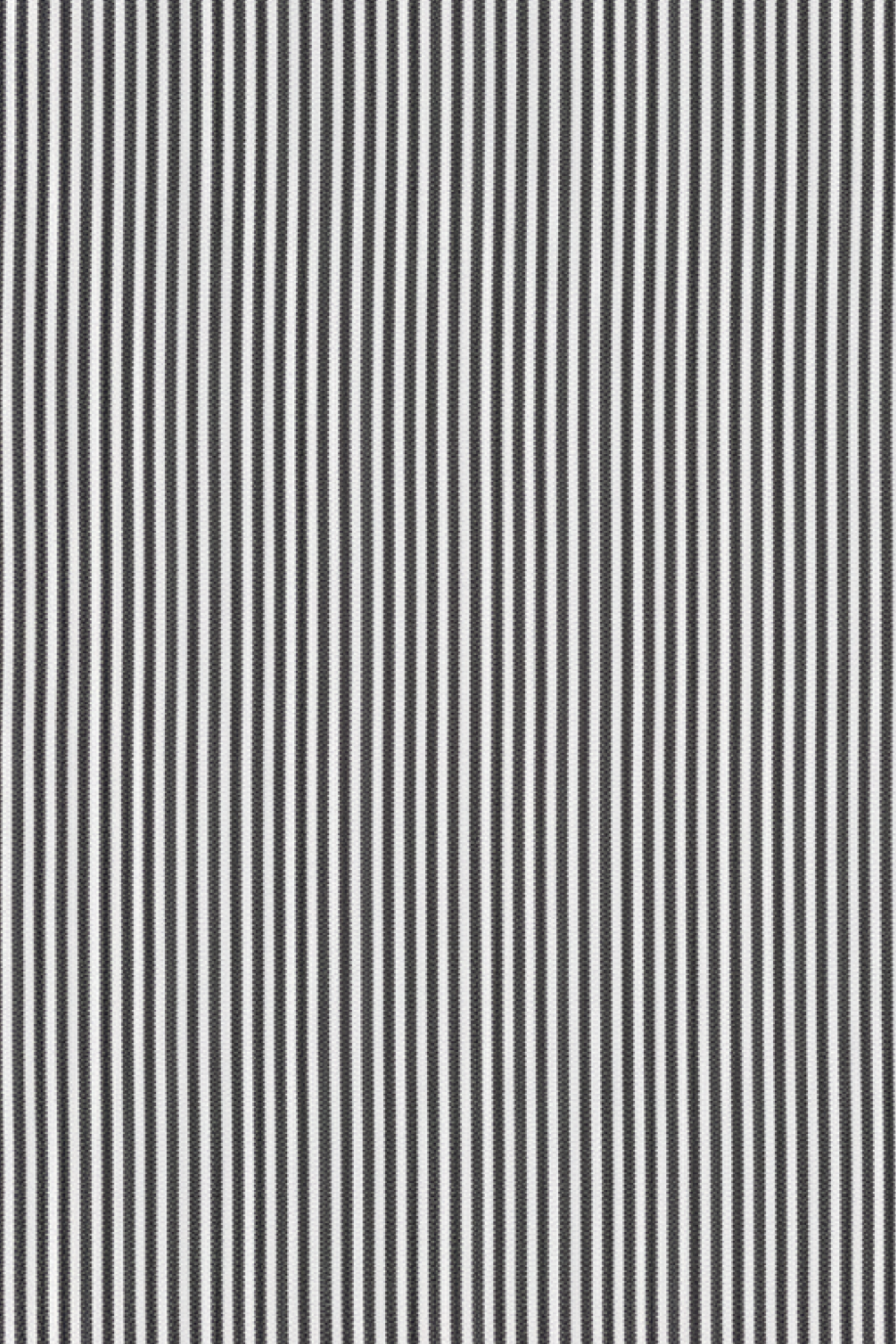 Close-up swatch of gray pinstriped cotton fabric with balloon sleeve gathering and pointed-collar tailoring used for the shirt