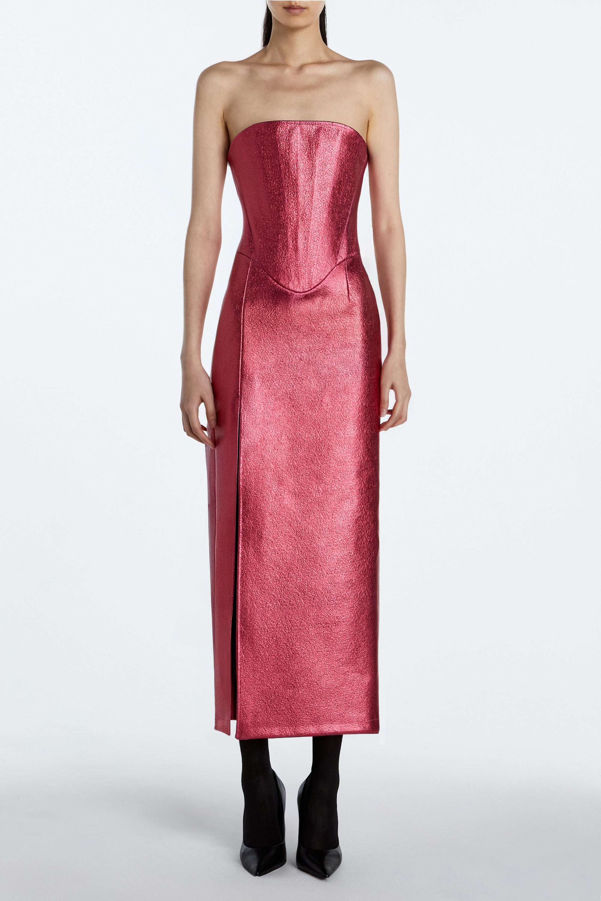Tourmaline Pink Leather Strapless Column Dress – Structured Corset Construction