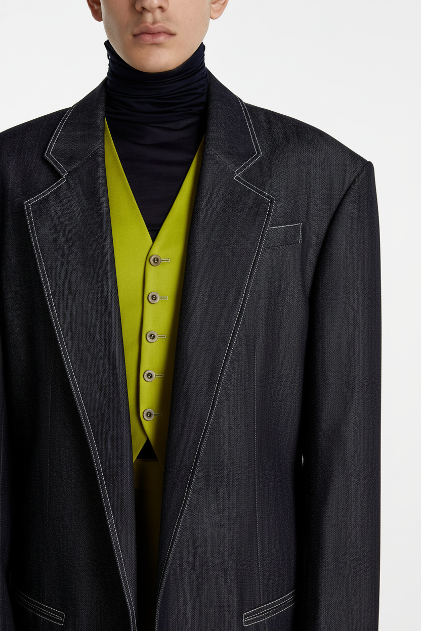 Model wearing Dark Indigo Denim Blazer – Oversized Architectural Silhouette with sharp contrasting stitching, styled over a lime green buttoned vest and black turtleneck for a sculptural luxury designer fashion look.