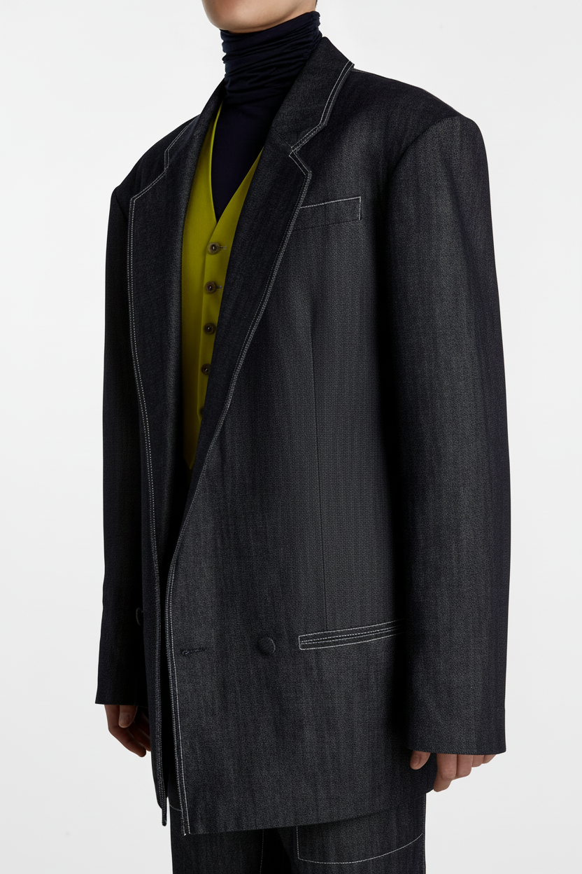 Model wearing Dark Indigo Denim Blazer – Oversized Architectural Silhouette with white topstitch detailing, styled over a lime green buttoned vest and black turtleneck, showcasing bespoke tailoring and a sculptural silhouette.