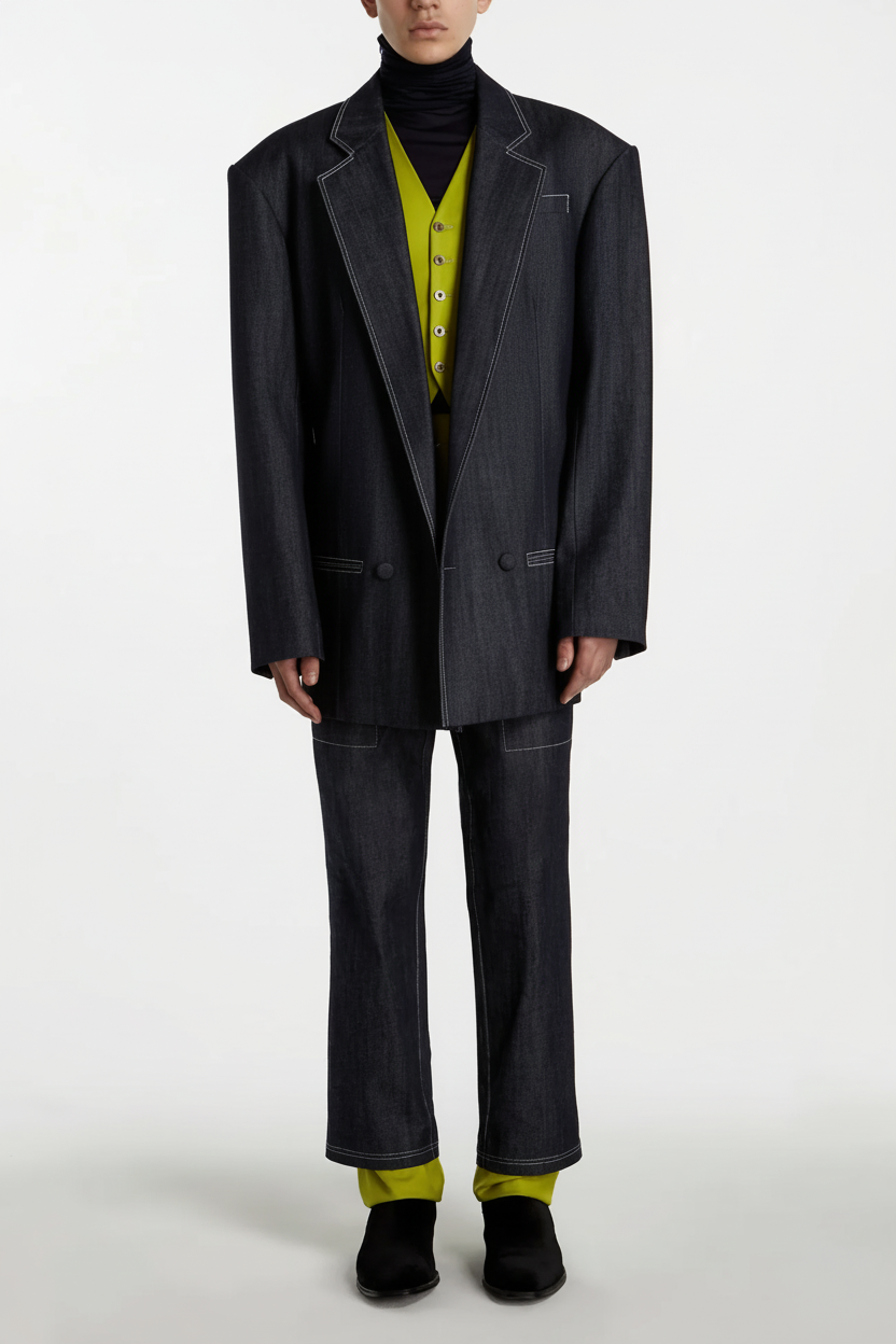 Model wearing Dark Indigo Denim Blazer – Oversized Architectural Silhouette with sharp white stitching, paired with matching denim trousers and vibrant yellow vest layering over a black turtleneck.