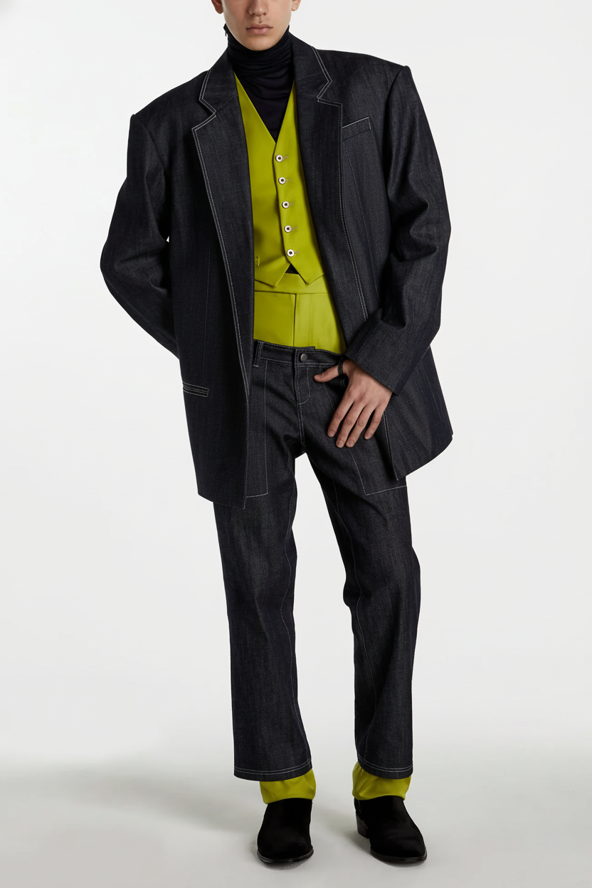 Model wearing Dark Indigo Denim Blazer – Oversized Architectural Silhouette with sharp contrast stitching, styled over a lime green buttoned vest and black turtleneck, paired with matching denim trousers and black shoes.
