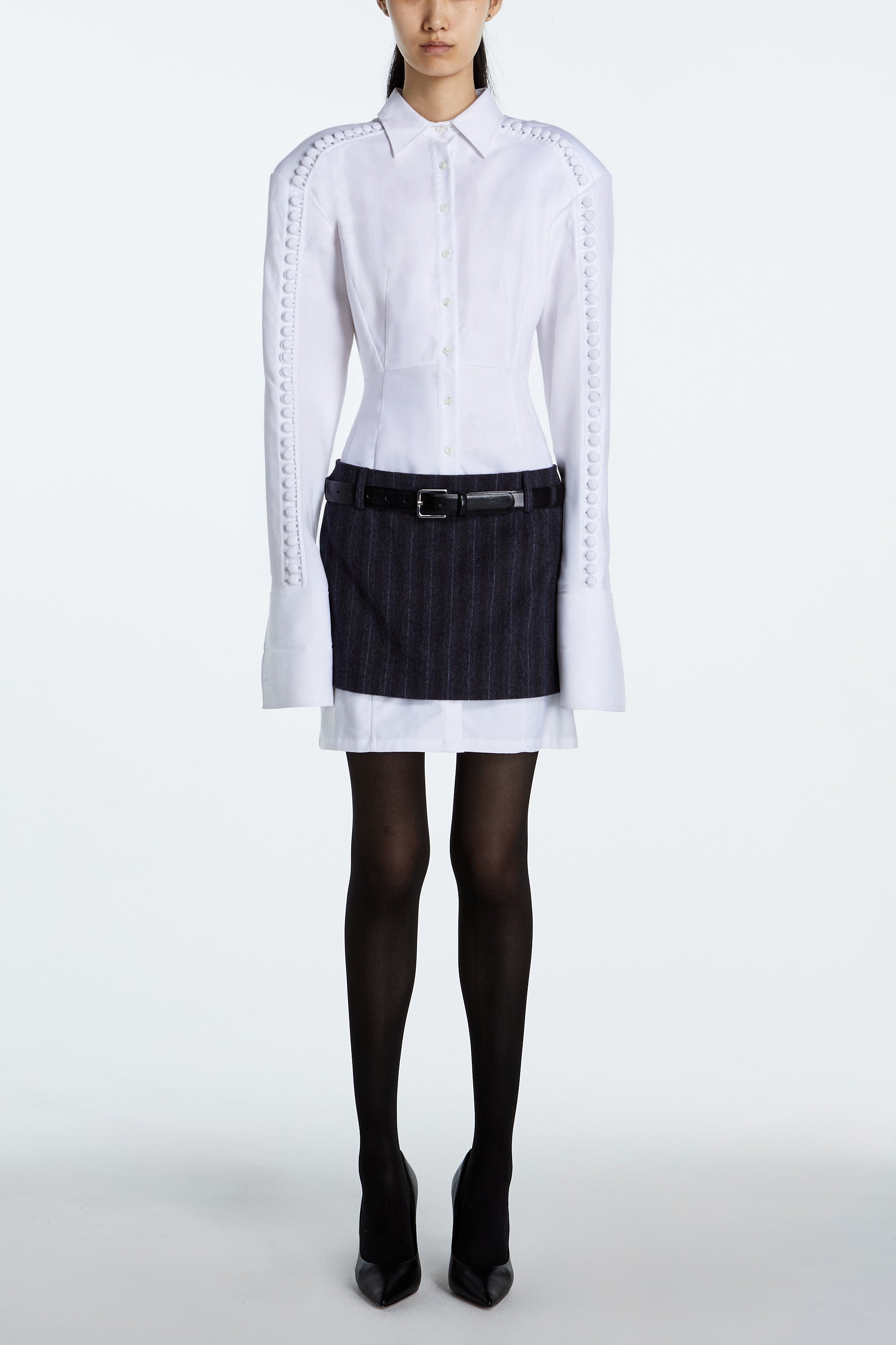 White Cotton Shirt Dress with Attached Charcoal Pinstripe Mini – Dual-Layer Construction