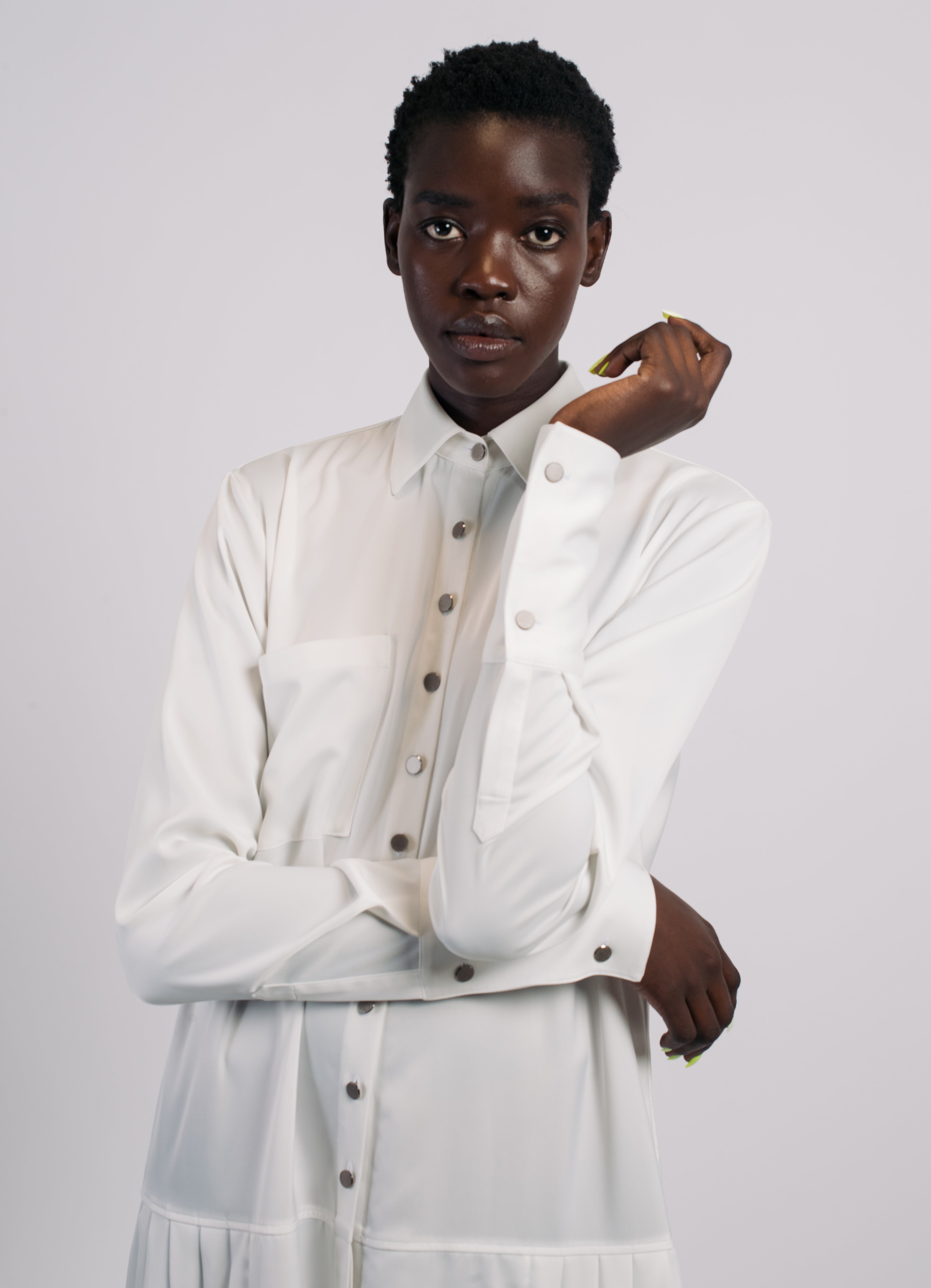 White Pleated Shirt Dress
