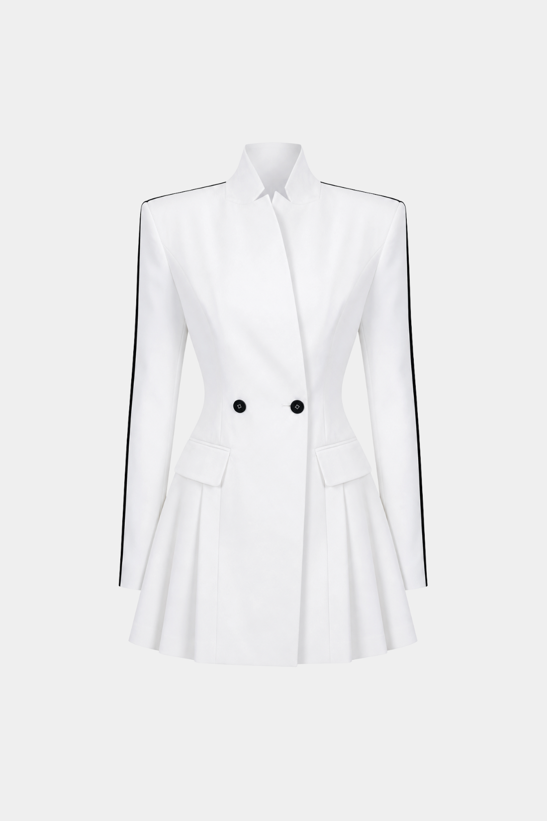 White Blazer Dress featuring a sculptural silhouette with structured shoulders, a high collar, double-button front closure, and pleated skirt detail, embodying SHAO New York bespoke tailoring and luxury designer fashion.