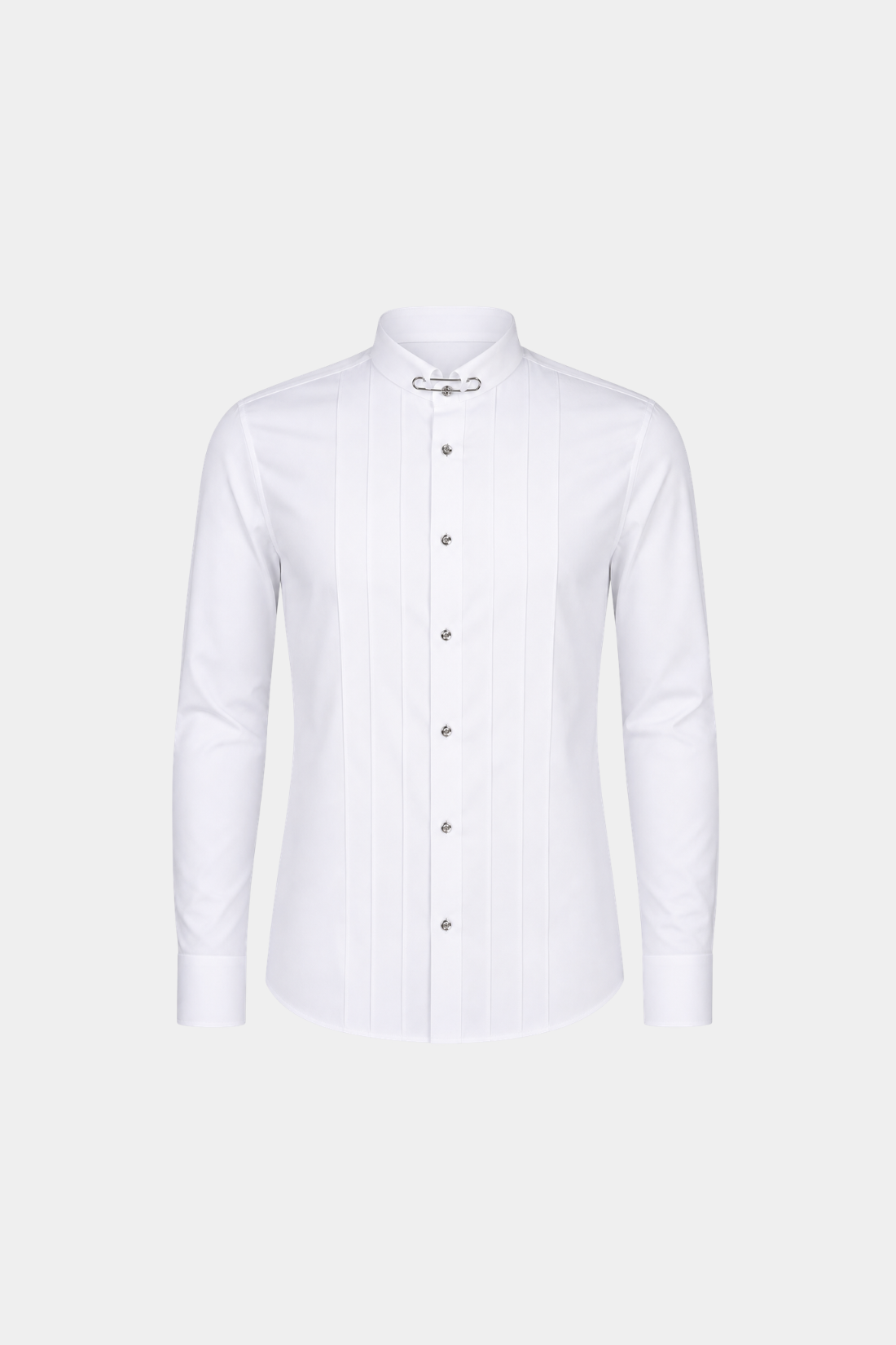 White Pleated Tuxedo Shirt featuring a slim tailored fit with vertical pleat details, a high stand collar with distinctive metal clasp, crafted in luxe fabric reflecting SHAO New York bespoke tailoring and sculptural silhouette.