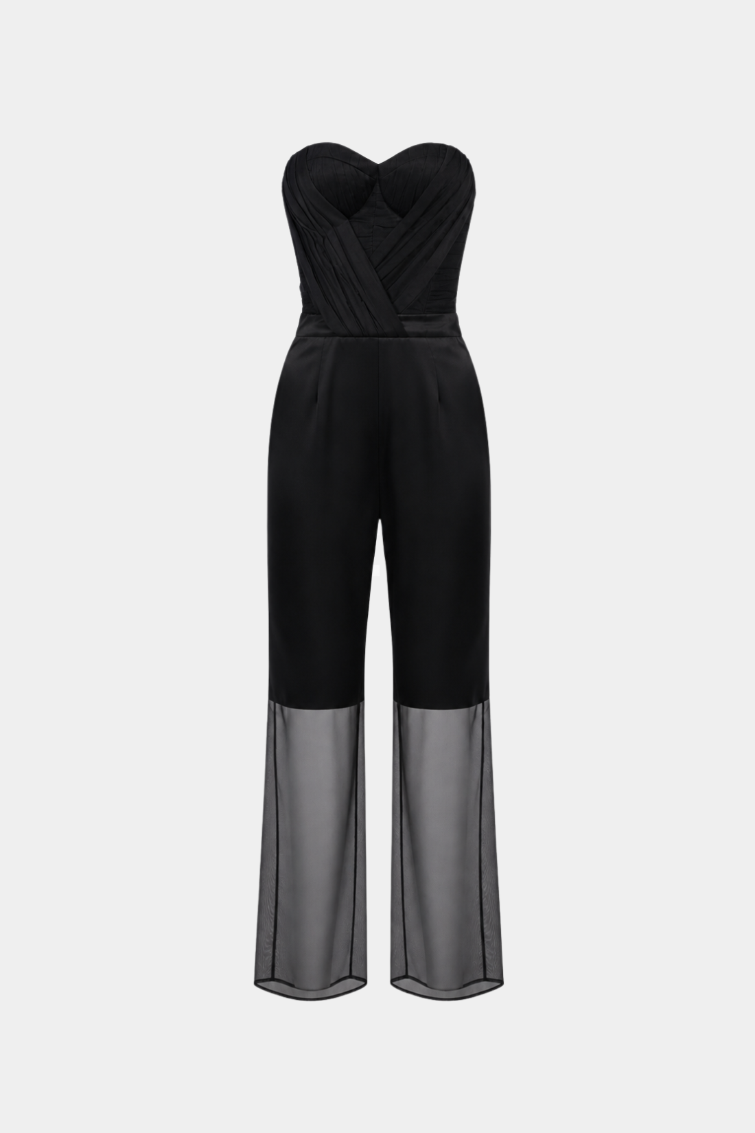 Black Silk Draped Bustier Organza Jumpsuit featuring a sculptural bustier with intricate draping, tailored silk trousers, and sheer organza panels at the hem, exemplifying SHAO New York bespoke tailoring and luxury designer fashion.