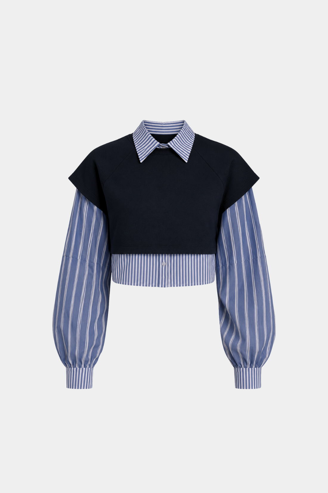 Layered Cropped Shirt Top featuring a navy cropped overlay atop blue and white striped voluminous sleeves with buttoned cuffs and pointed collar, showcasing SHAO New York luxury designer fashion and a sculptural silhouette.