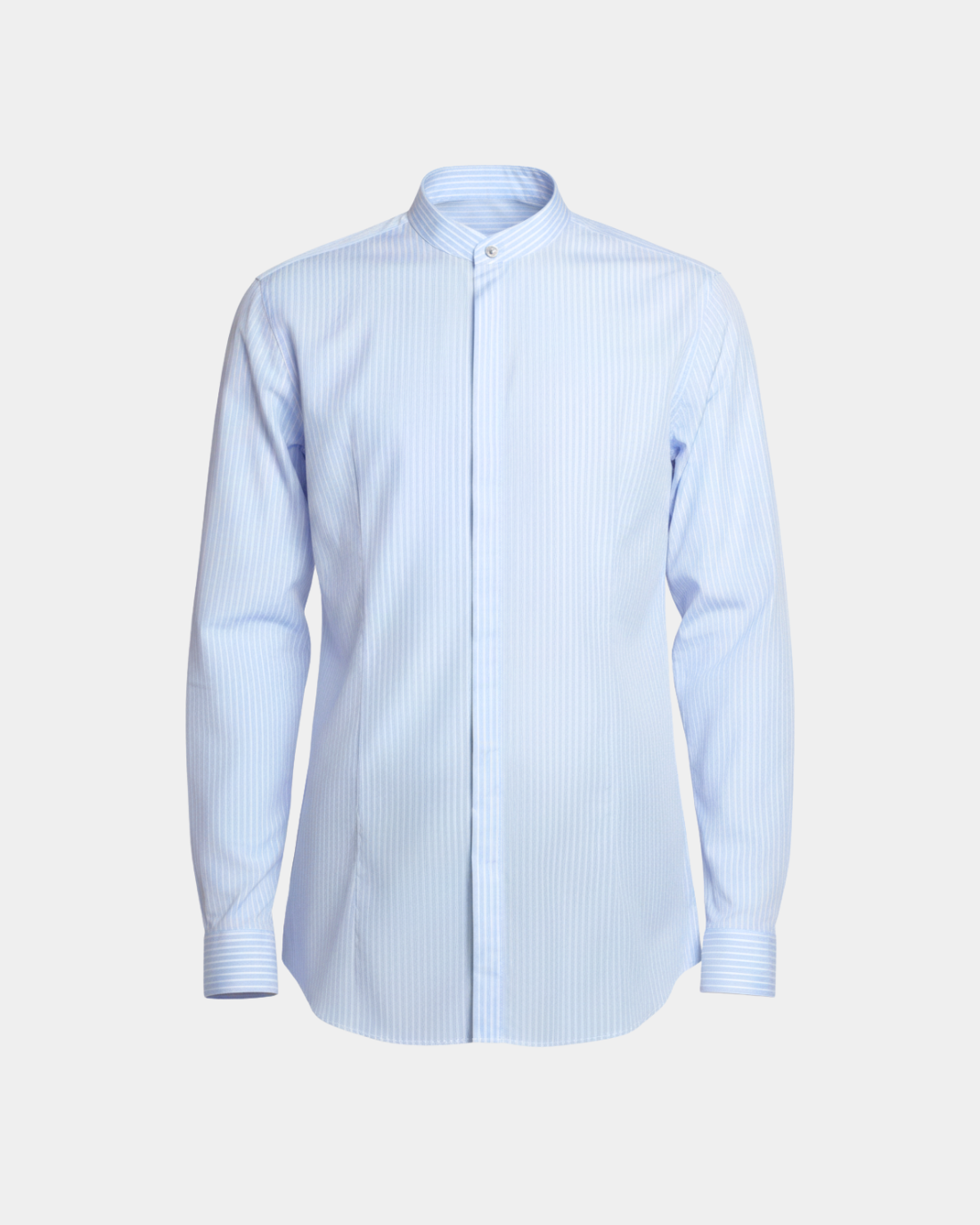 Blue Striped Band Collar Shirt in light blue with subtle vertical stripes, featuring a minimalist band collar, tailored fit, concealed button placket, and crisp cuffs, reflecting SHAO New York luxury designer fashion and bespoke tailoring.