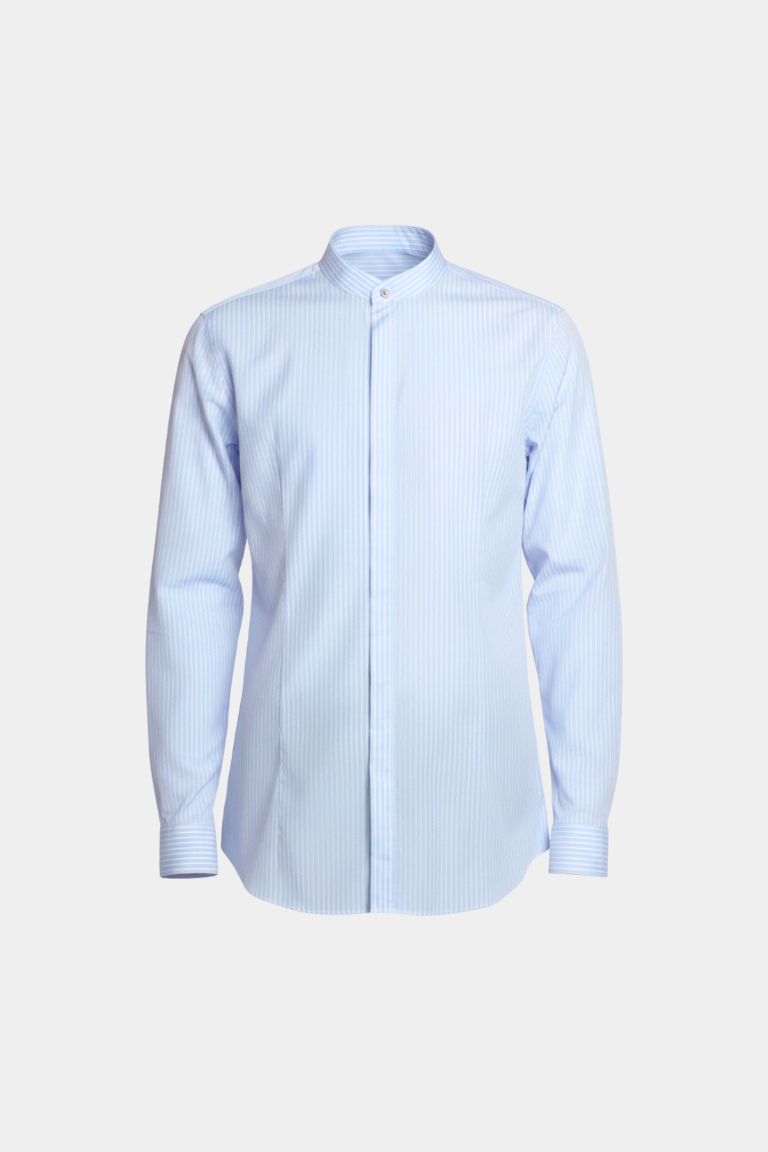 Blue Striped Band Collar Shirt in light blue with subtle vertical stripes, featuring a minimalist band collar, tailored fit, concealed button placket, and crisp cuffs, reflecting SHAO New York luxury designer fashion and bespoke tailoring.