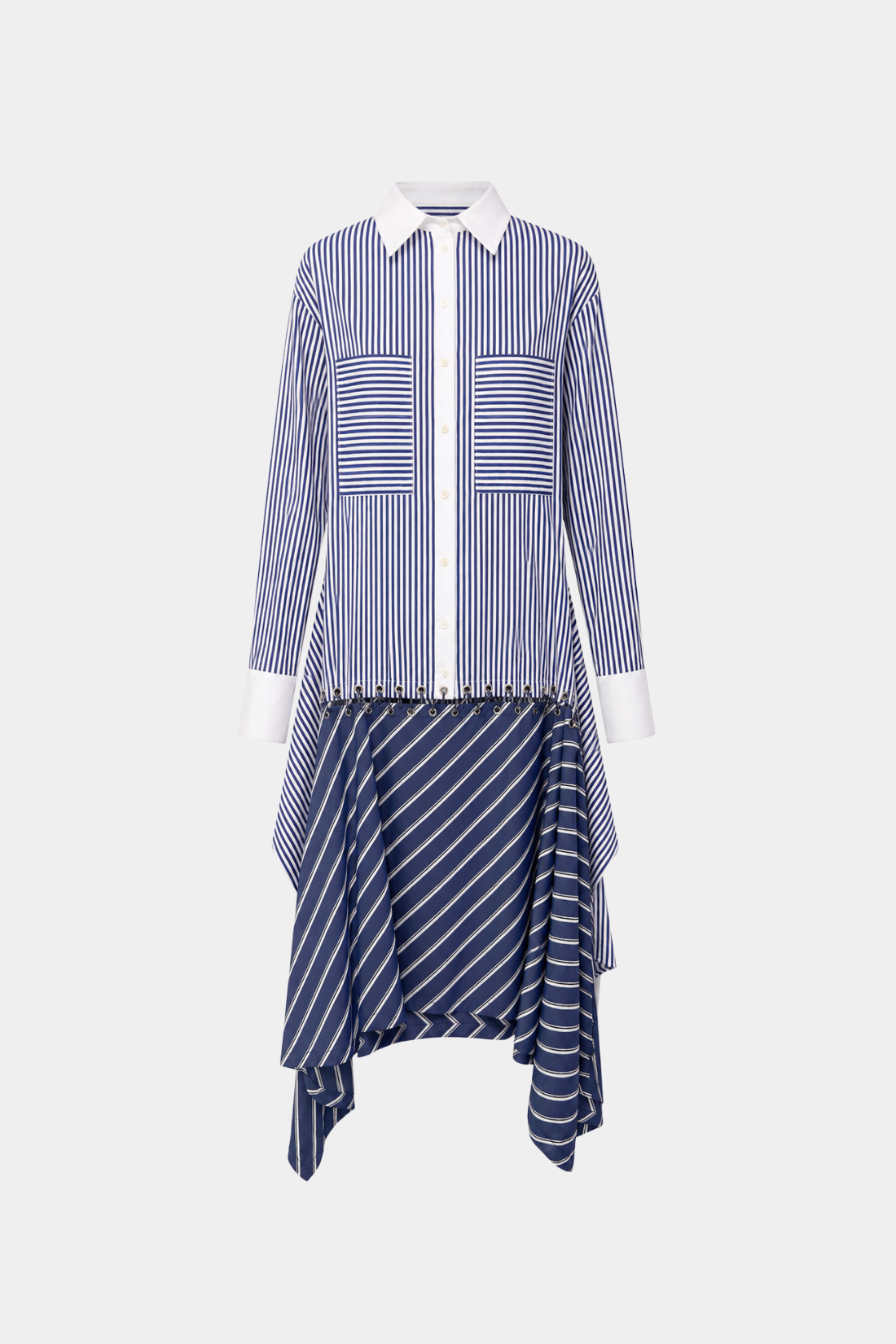 Front view of Blue Pinstripe Asymmetric Layered Shirtdress featuring contrasting vertical and diagonal stripes, crisp white collar and cuffs, layered asymmetric hem, and SHAO New York bespoke tailoring with a sculptural silhouette.
