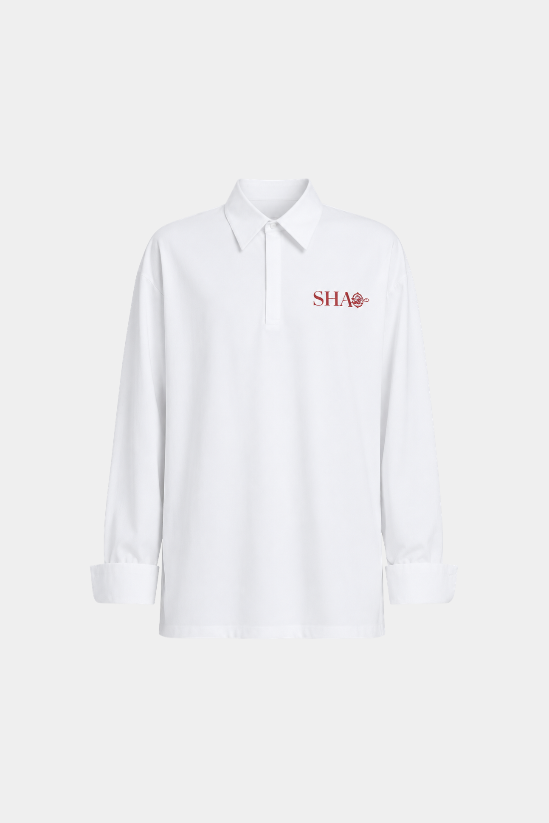 Year of the Horse SHAO Graphic Shirt in crisp white fabric featuring a sharp collar and minimalist red SHAO logo embroidered on the chest, blending luxury designer fashion with modern tailoring.