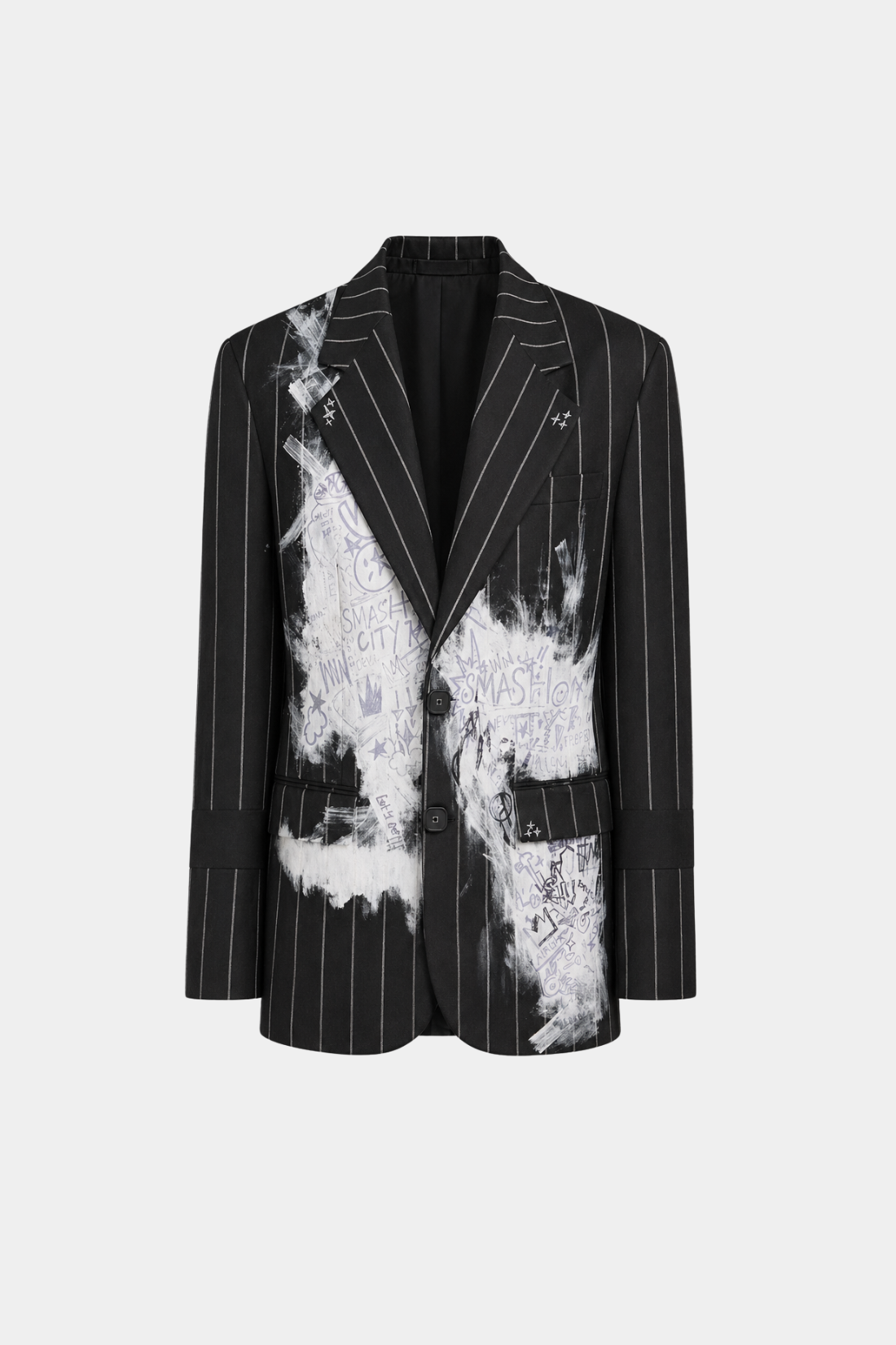 Black and White Hand Painted Pinstripe Blazer featuring artistic brushstroke details and graffiti-inspired motifs on structured shoulders and tailored silhouette, showcasing SHAO New York bespoke tailoring and luxury designer fashion.