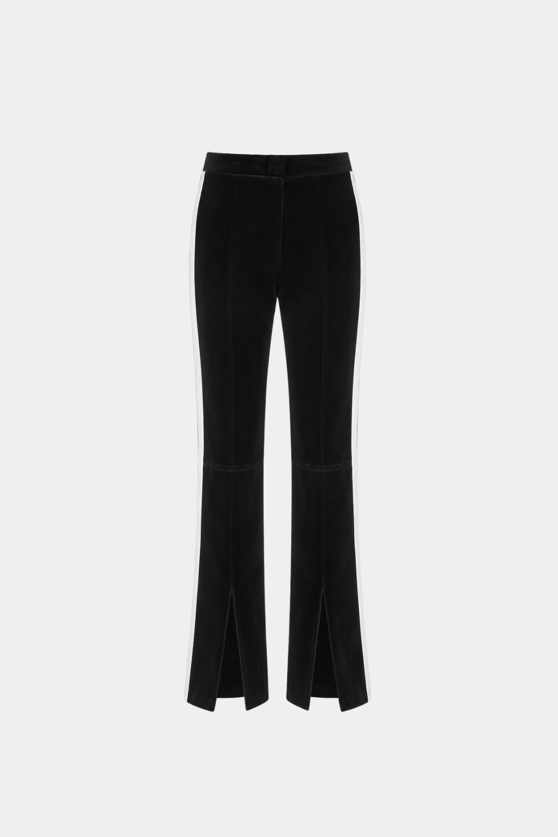 Black Velvet Side-Stripe Slit Trouser featuring a tailored fit, contrasting side stripes, front slits at the hem, and sleek bespoke tailoring inspired by SHAO New York's luxury fashion.