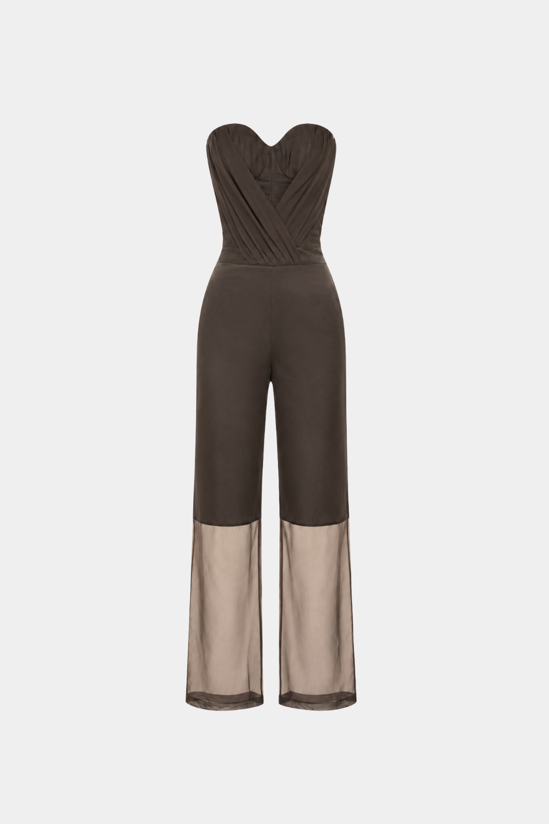 Mink Silk Draped Bustier Organza Jumpsuit featuring a structured bustier top with draped detailing and wide-leg pants with sheer organza panels, showcasing bespoke tailoring and a sculptural silhouette.