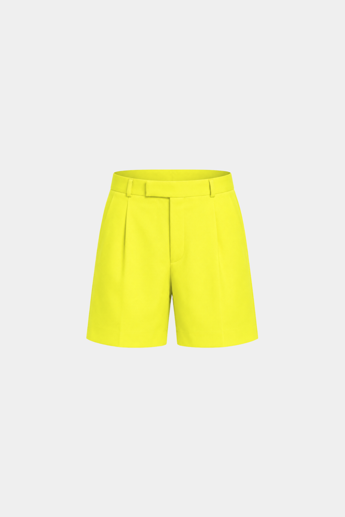 Neon Tailored Suiting Shorts in vibrant yellow, featuring crisp pleats, structured waistband, and belt loops, highlighting SHAO New York luxury bespoke tailoring with a modern sculptural silhouette.