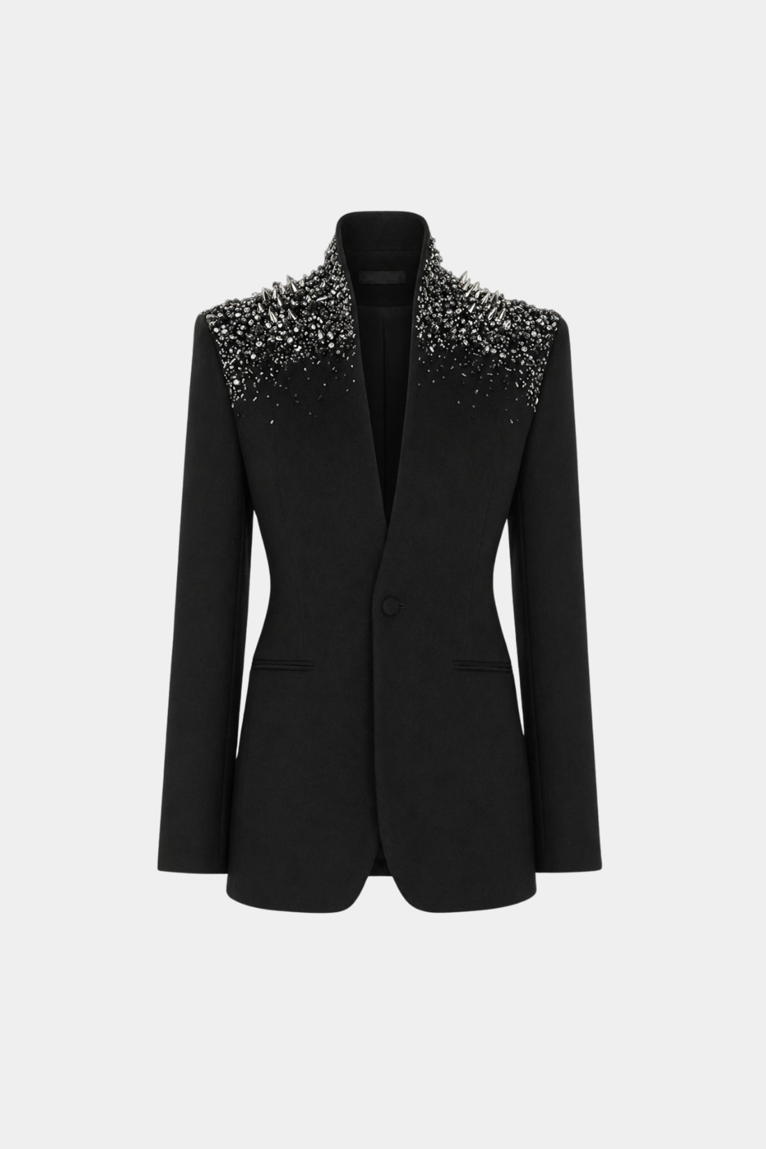 Black Crystal-Embellished Wool Blazer featuring structured shoulders adorned with an intricate crystal and spike embellishment, tailored into a sleek sculptural silhouette combining luxury designer fashion and SHAO New York bespoke tailoring.