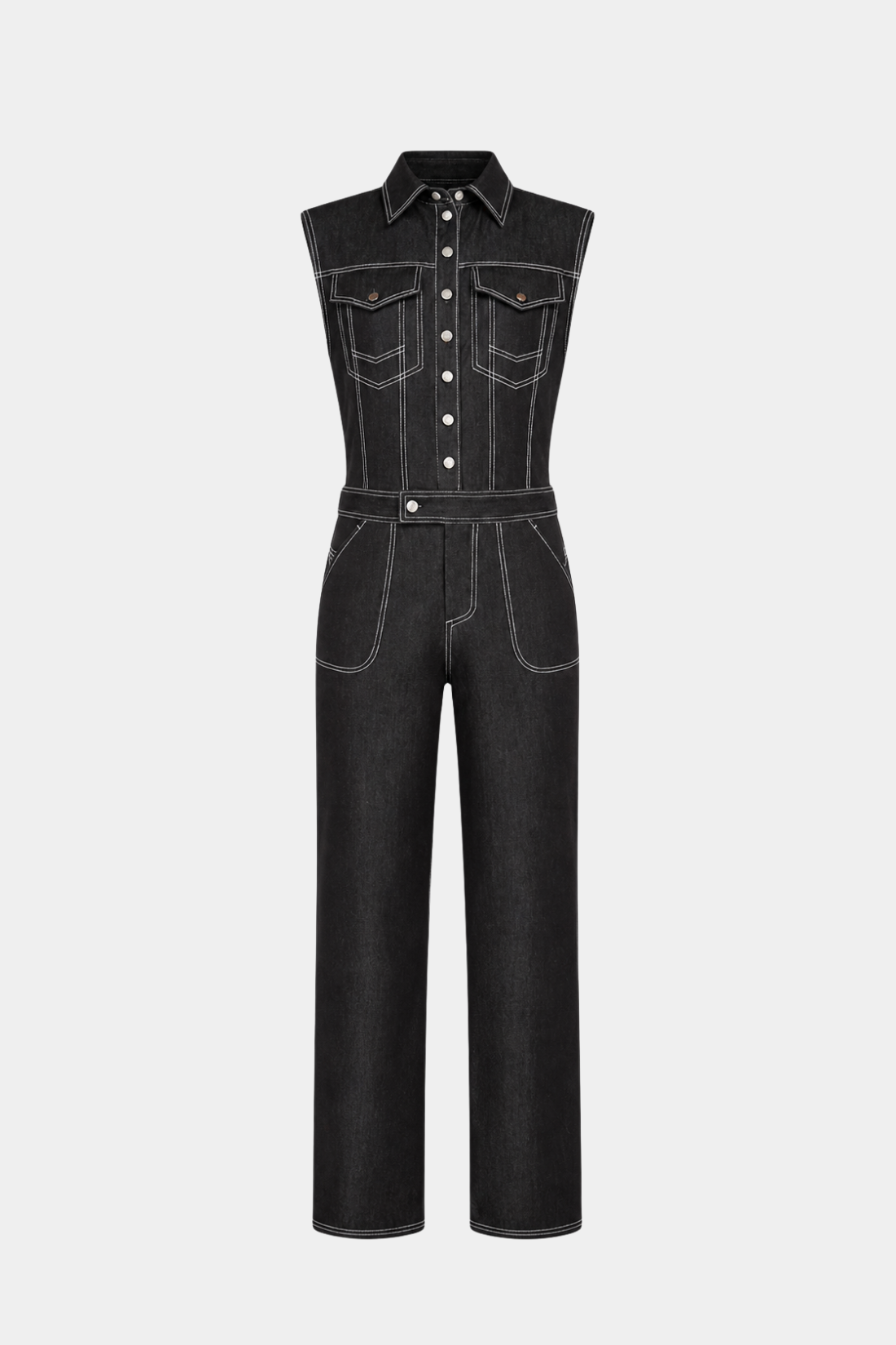 Black Contrast-Stitch Utility Denim Jumpsuit featuring a sleeveless silhouette with pointed collar, front snap buttons, flap chest pockets, and distinct white contrast stitching, embodying SHAO New York luxury designer fashion and bespoke tailoring.