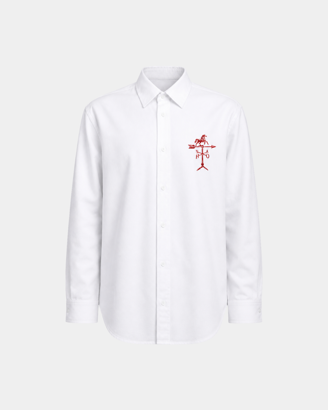 Year of the Horse Graphic Shirt in crisp white fabric featuring a minimalist red embroidered horse weather vane design, combining classic elegance with subtle urban style.