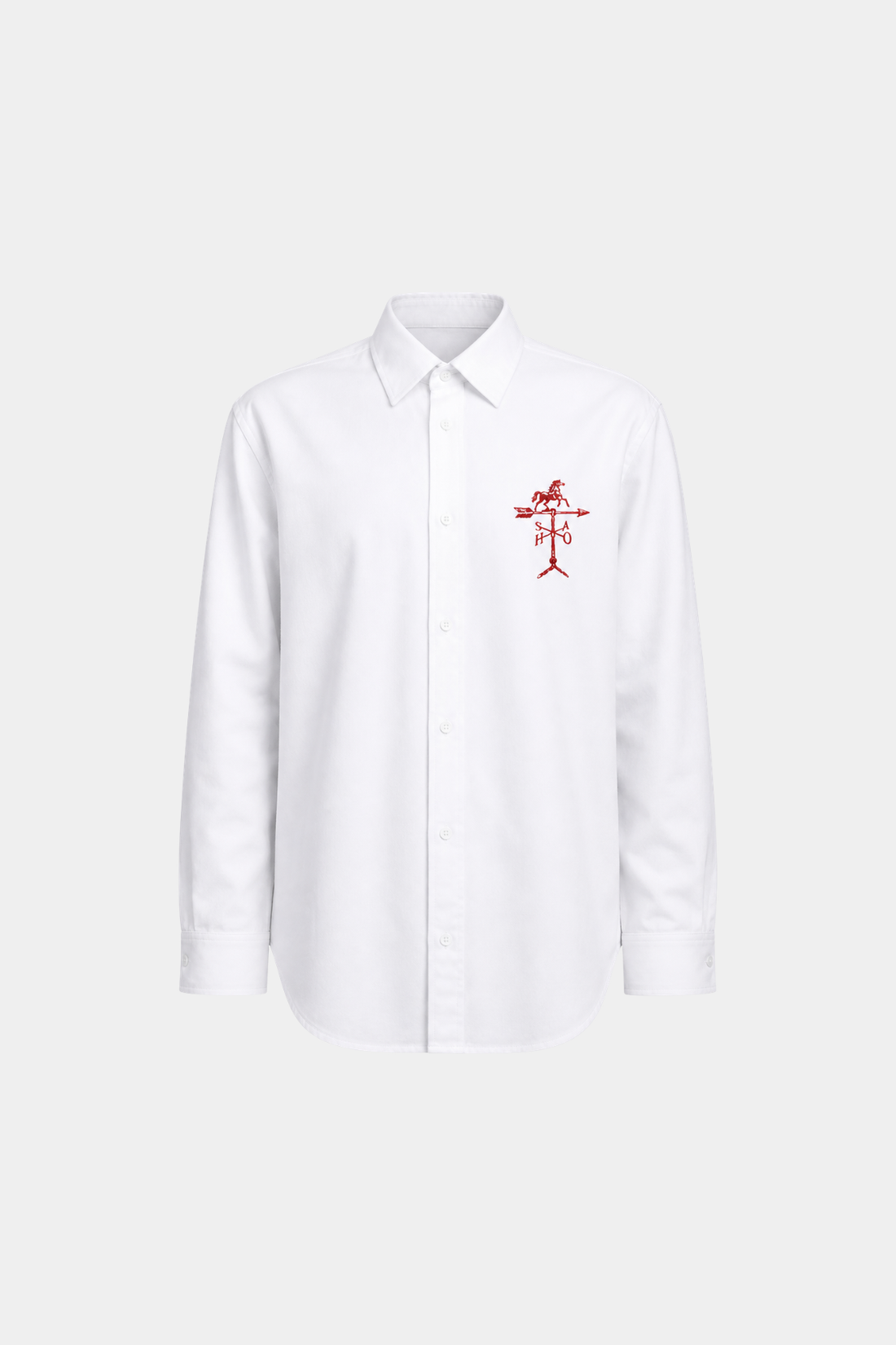 Year of the Horse Graphic Shirt in crisp white fabric featuring a minimalist red embroidered horse weather vane design, combining classic elegance with subtle urban style.