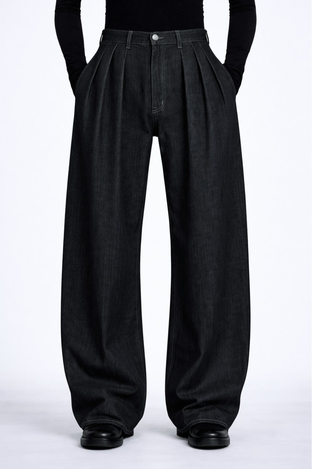 SHAO dark grey pleated denim barrel-leg jeans front view