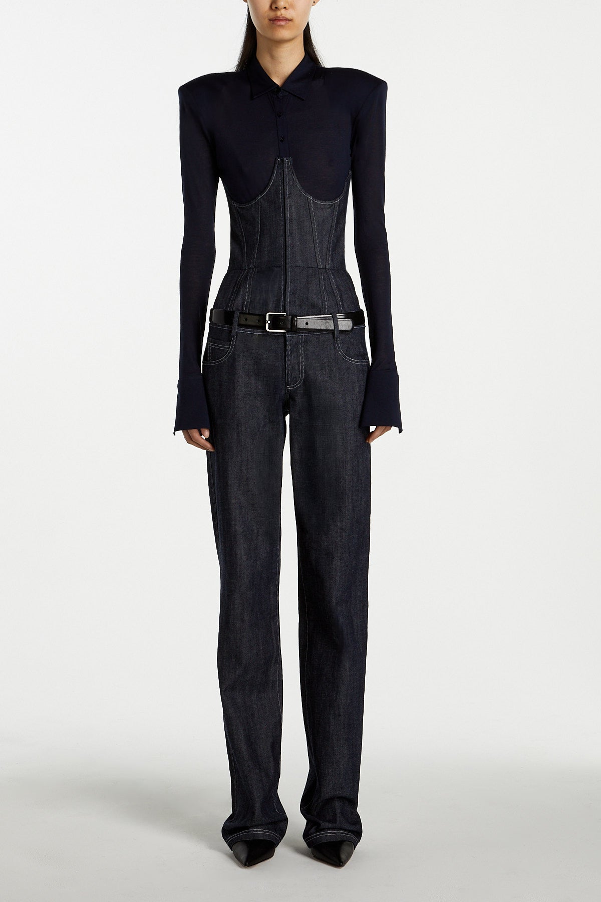 SHAO dark indigo denim jumpsuit front view