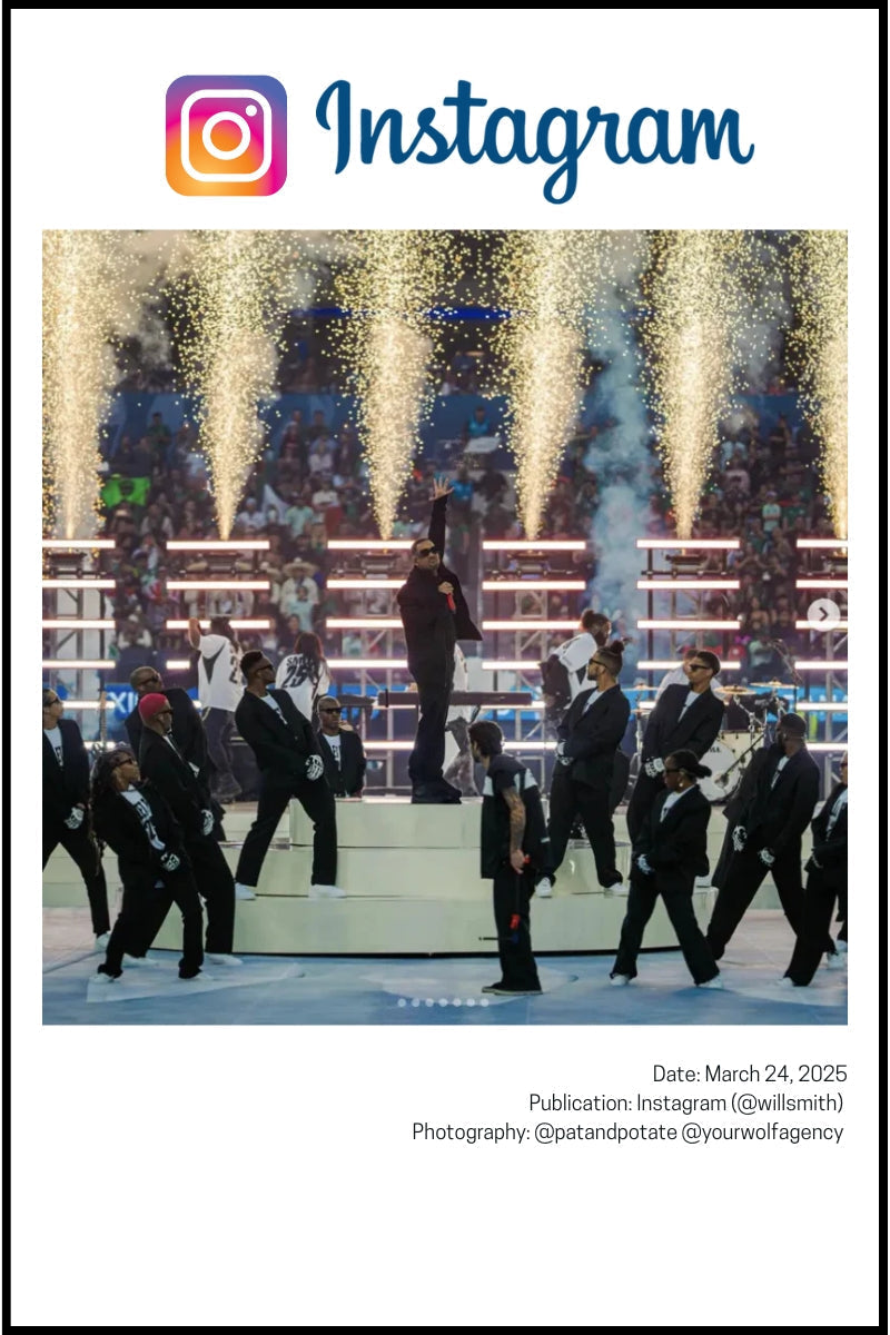 Will Smith performs on stage surrounded by dancers and fireworks, captured in an Instagram post.