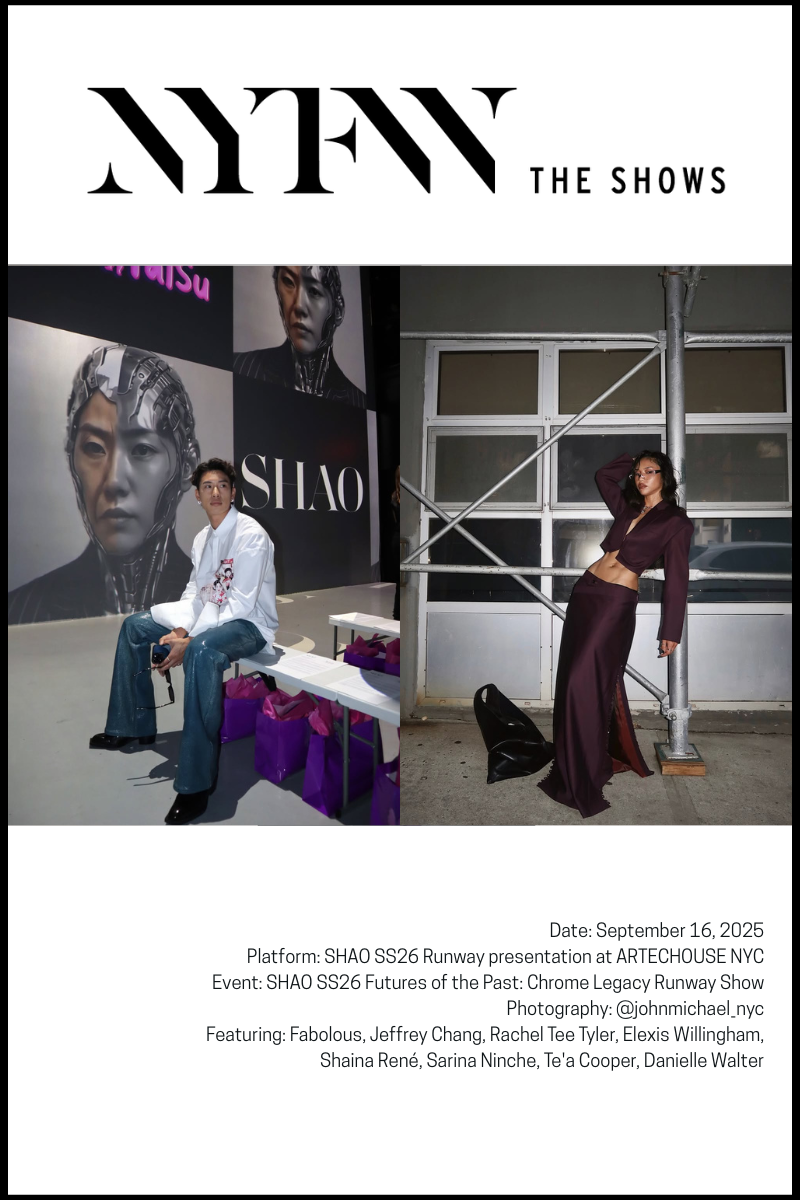 Fabolous, Jeffrey Chang, and Rachel Tee Tyler attend Shao Yang’s Futures of the Past: Chrome Legacy SS26 runway presentation at NYFW.