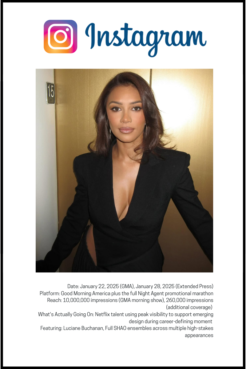 Luciane Buchanan in black deep V-neck blazer, Instagram post dated January 28, 2025 from @lucianebuchanan wearing SHAO ensembles.