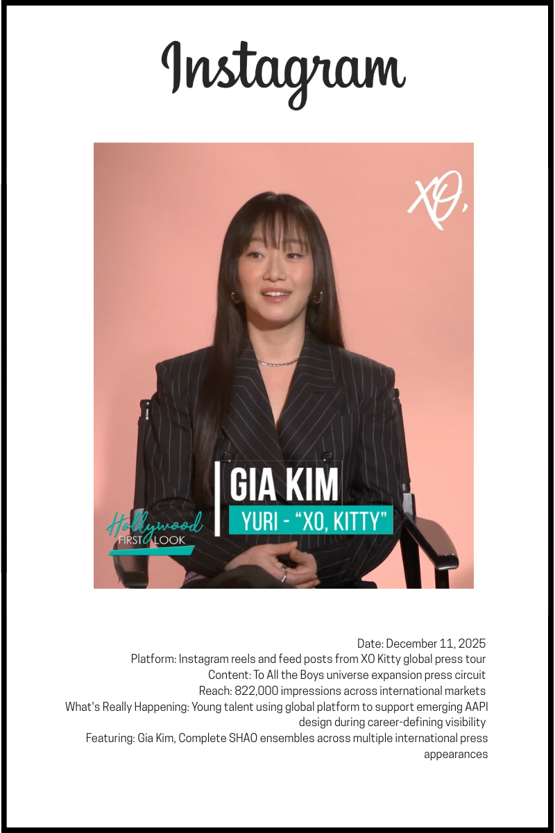 Gia Kim representing Netflix's XO Kitty during global press tour while wearing SHAO, navigating international cultural frameworks with authentic fashion choices