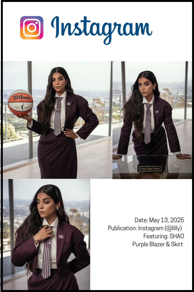 Date May 13, 2025 Publication Instagram (@lilly) Content Double feature post and reel Featuring SHAO purple blazer and skirt set