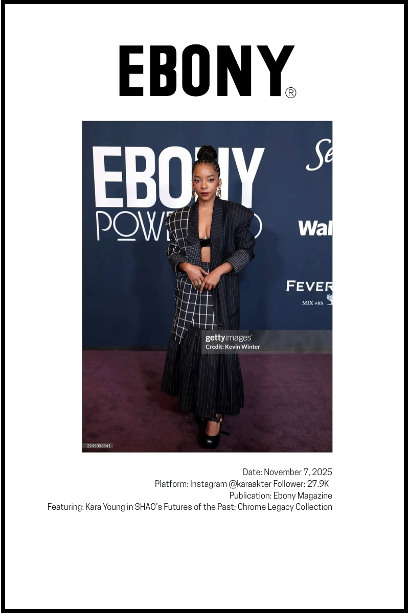 Kara Young wearing SHAO's Futures of the Past Chrome Legacy Collection at the 2025 Ebony Power 100 Gala in Los Angeles