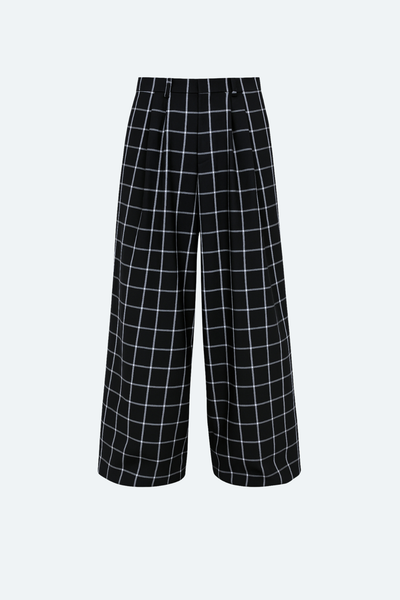 Windowpane Wide-Leg Double-Pleated Trousers