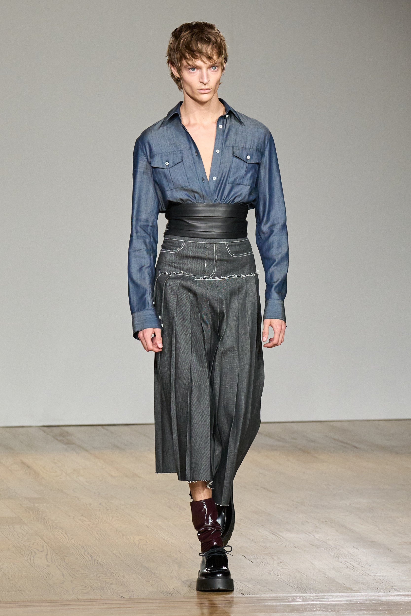 Midnight Blue Shirt with Leather Waistband