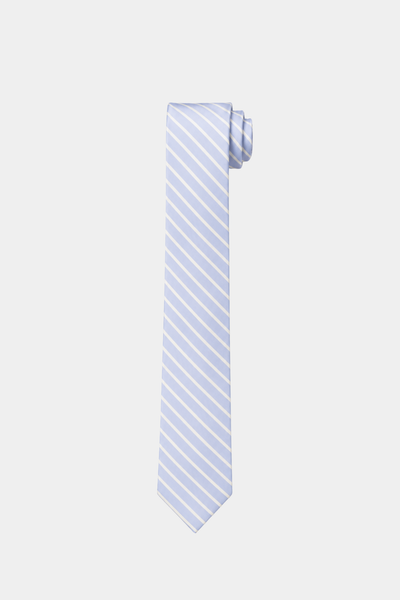 Blue and Yellow Striped Tie 10cm featuring a refined light blue base with crisp white diagonal stripes, embodying luxury designer fashion and bespoke New York tailoring.