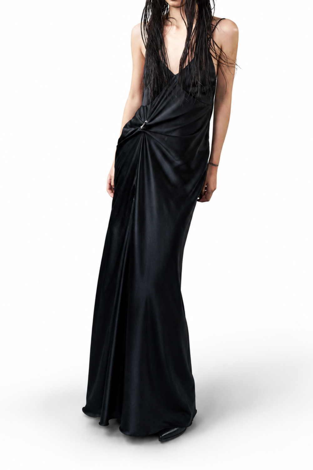 Model showcases the Pierced Cowlback Slip Dress in sleek black satin with a gathered drape detail, low neckline, and slim straps, reflecting SHAO New York bespoke tailoring and luxury designer fashion.