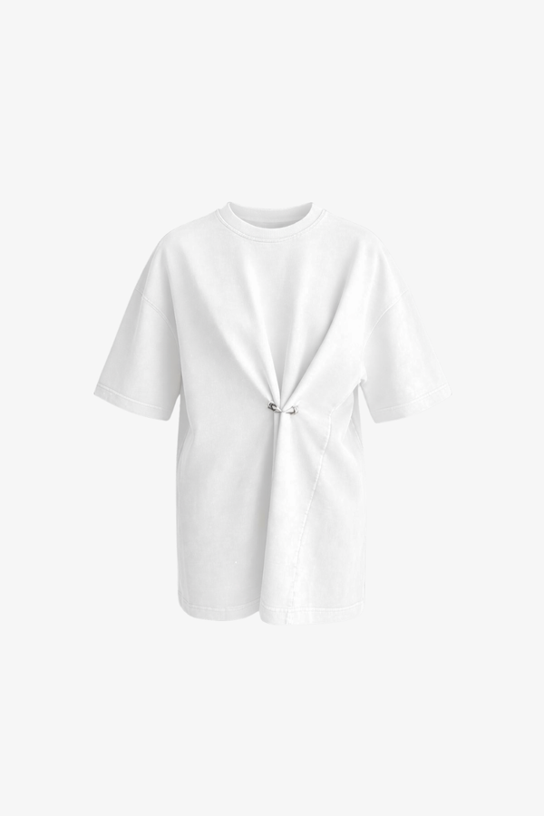 Pierced Vintage T-Shirt - White featuring a relaxed fit and short sleeves, with a distinctive central metal piercing detail creating a subtle gathered effect for an edgy, contemporary look.