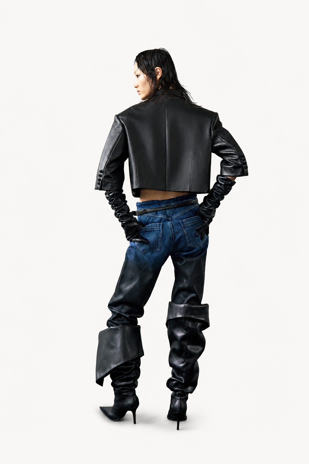 Cropped Leather Double-Button Blazer with Piercing Detail