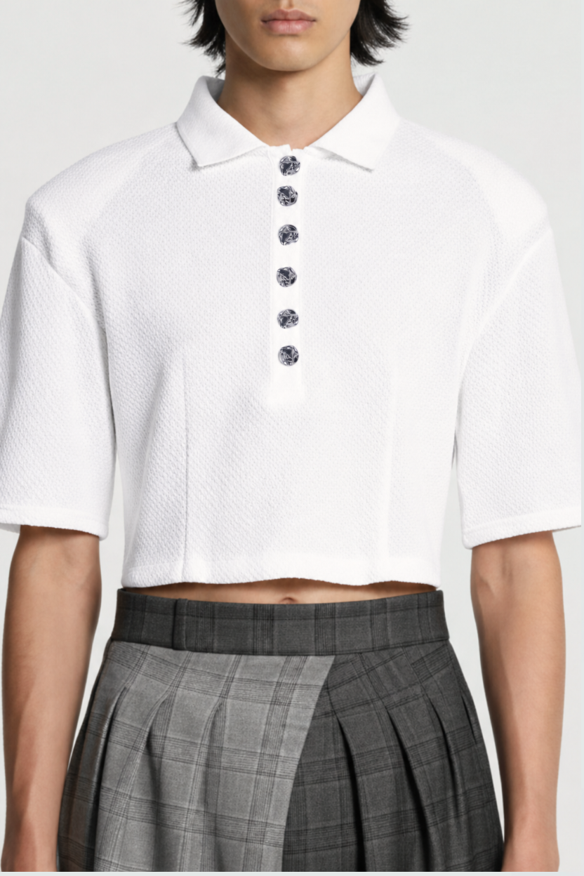 White Textured Cropped Polo Top