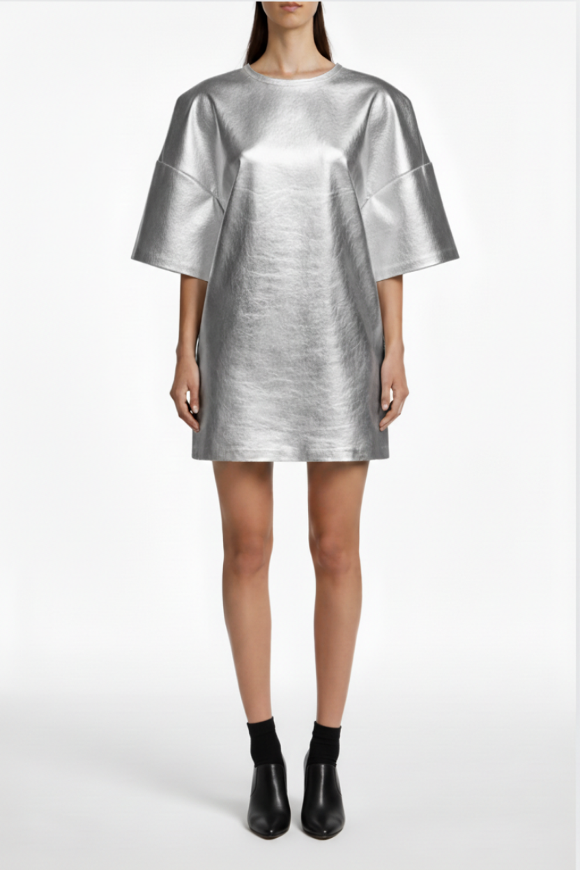 Silver Metallic Leather Mini Dress