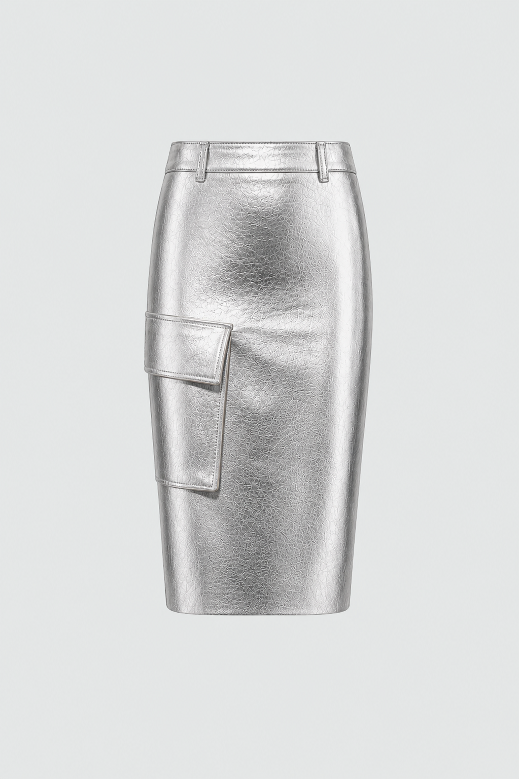 Silver Metallic Leather Cargo Pencil Skirt