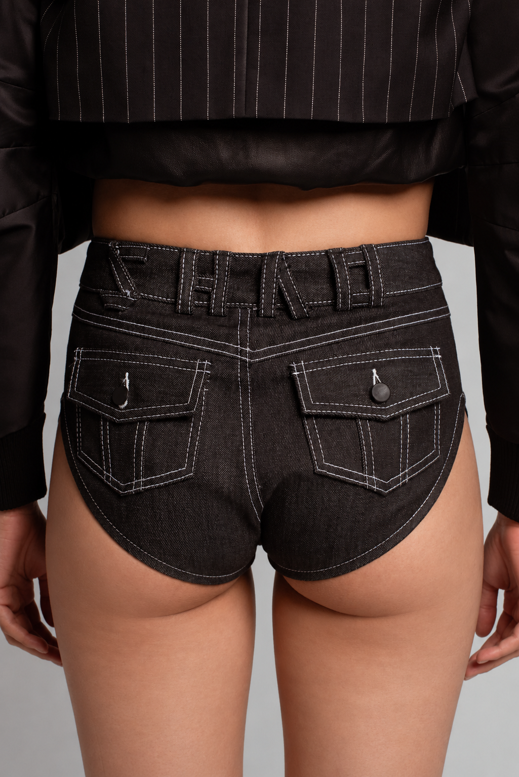 Black Denim Leather Panel Shorts