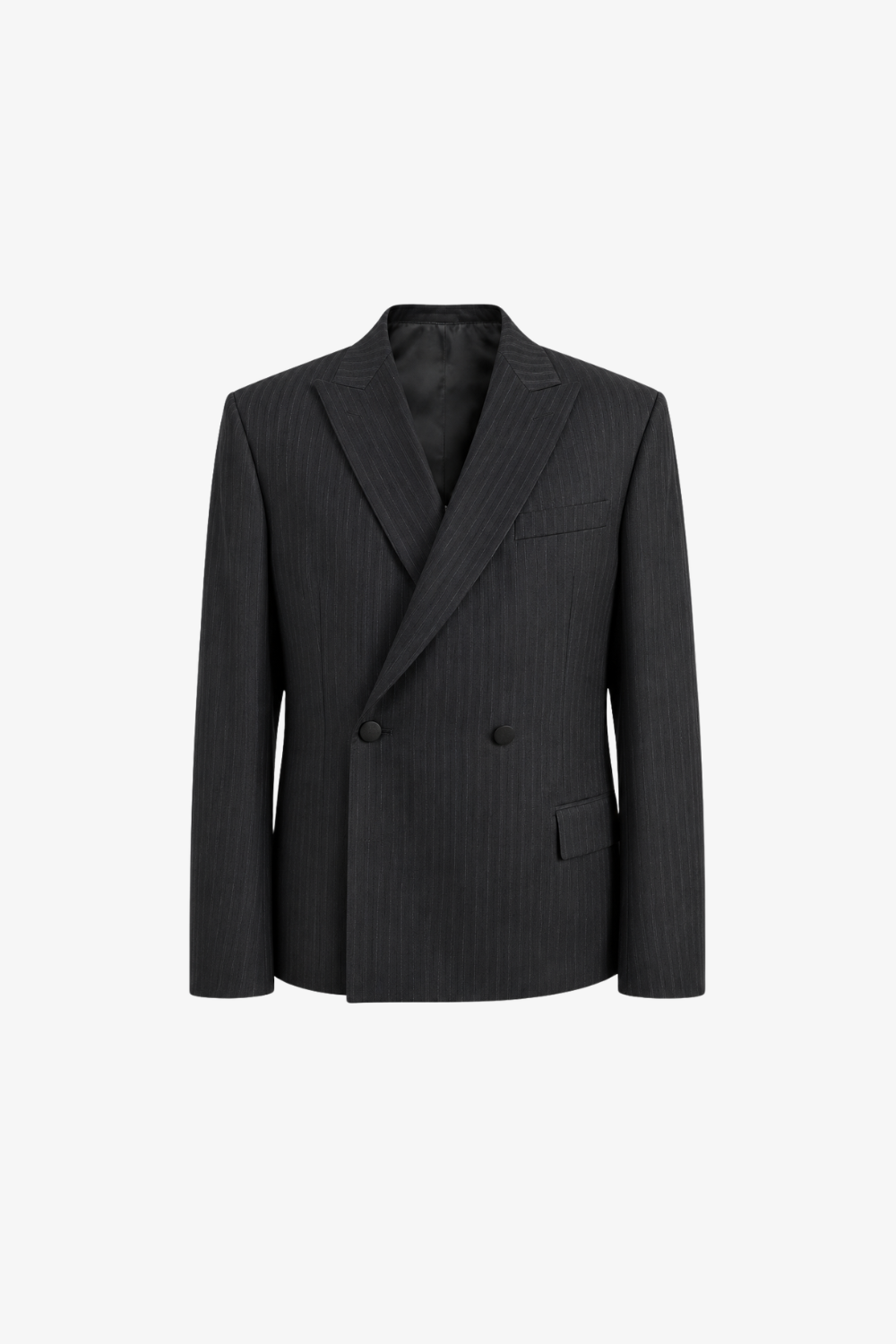 A black double-breasted pinstripe blazer with notch lapels and a two-button closure, displayed on a clean white background.